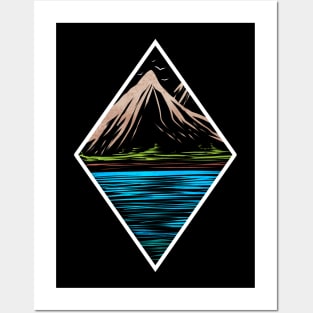 Rhombus With Mountains And A Lake As Logo For Earth Day Posters and Art